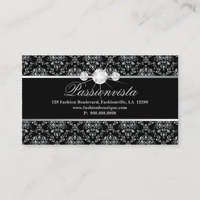 Carte De Visite 311 Elégant Diamants Bijoux Argent Noir Damas (Devant)