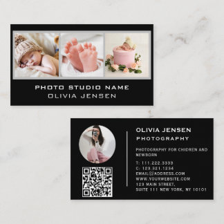 Carte De Visite 3 Photos QR Code Bébé Photographe Noir