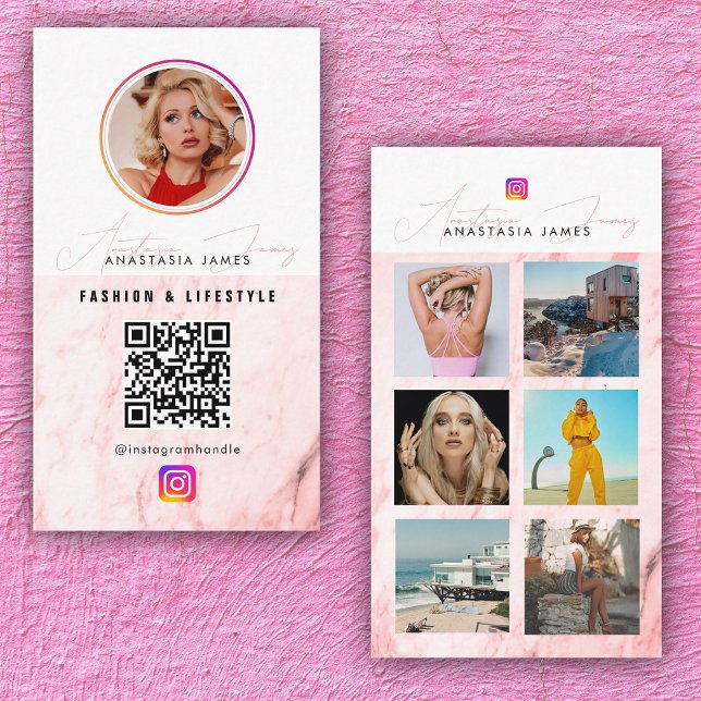 Carte De Visite 6 Grille d'alimentation photo Médias sociaux Code  (6 Photo Feed Grid Social Media QR Code Pink Marble Business Card)