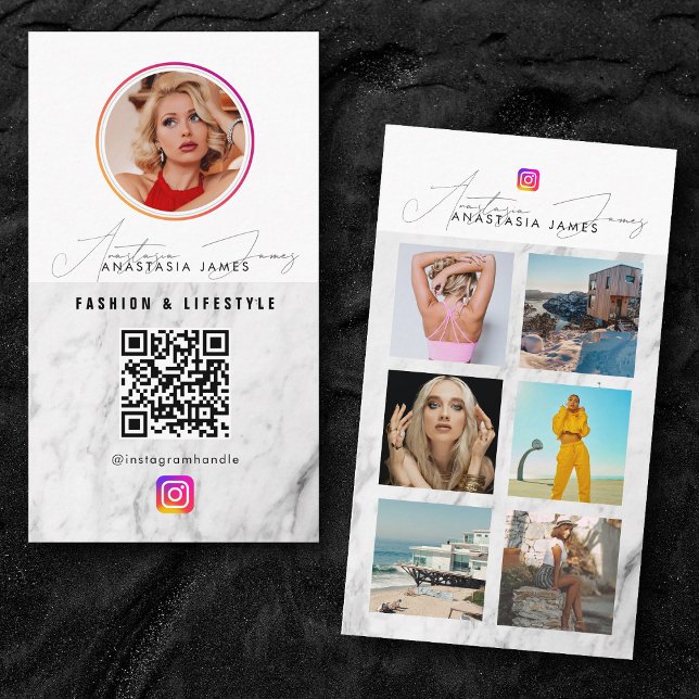 Carte De Visite 6 Grille d'alimentation photo Médias sociaux QR Co (6 Photo Feed Grid Social Media QR Code Marble Business Card)