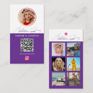 Carte De Visite 6 Photo Feed Grid Médias sociaux QR Code Purple