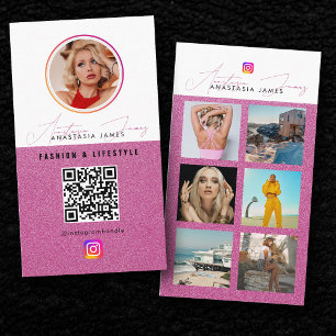 Carte De Visite 6 Photo Feed Grid Médias sociaux QR Code rose