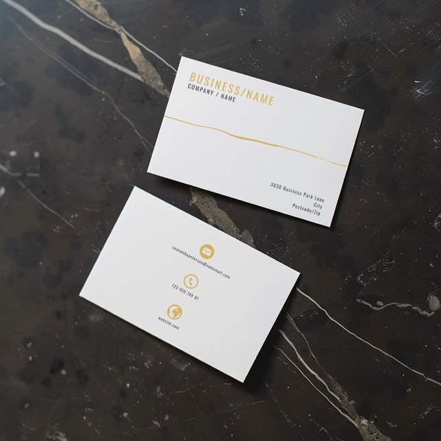 Carte de visite à bande d'icônes blanches et or (White and gold business card. Professional business card with 3 bold and simple icons on the back.)