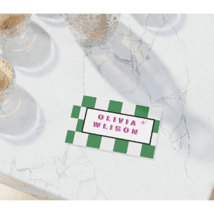Carte de visite à carreaux rétro verts Rose gras