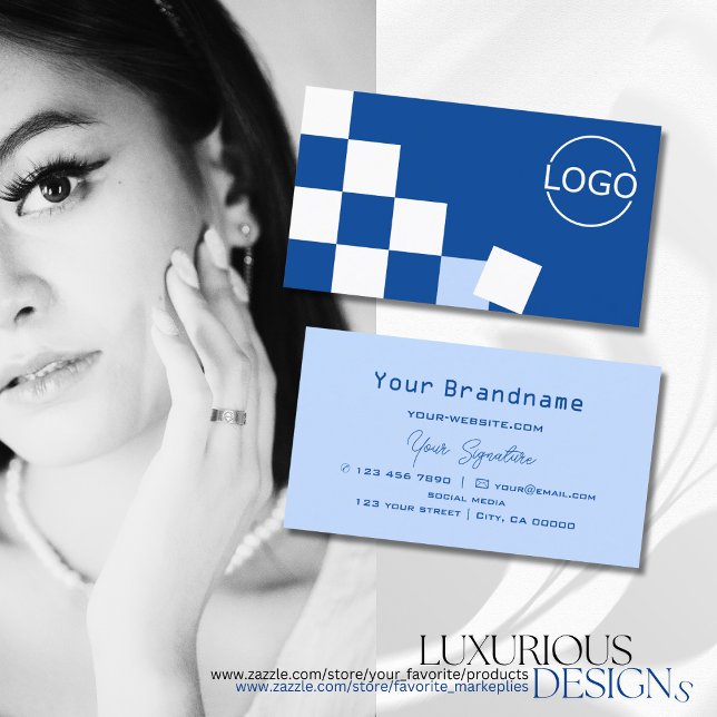 Carte De Visite à damiers bleu et blanc moderne avec logo élégant (Créateur téléchargé)