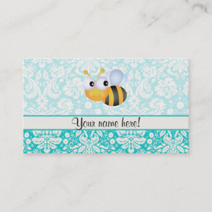 Carte De Visite Abeille mignonne ; modèle Damas Turquoise