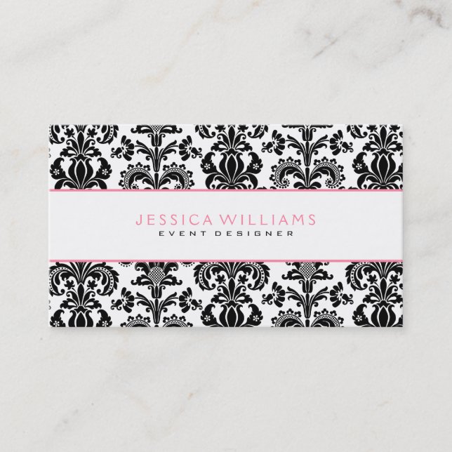 Carte De Visite Accents rose damassé noir et blanc (Devant)