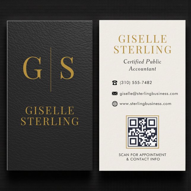 Carte De Visite Accountant CPA Faux Leather Black Gold QR Code (Créateur téléchargé)