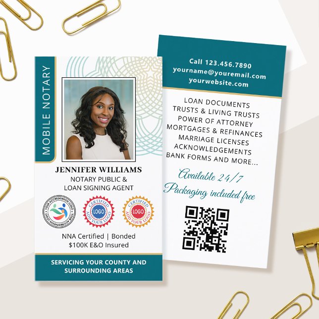 Carte De Visite Accréditation Notaire Public Photo QR Code Turquoi (Créateur téléchargé)