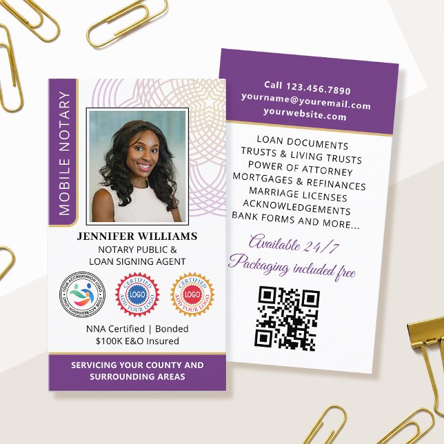 Carte De Visite Accréditation Notaire Public Photo QR Code Violet (Créateur téléchargé)