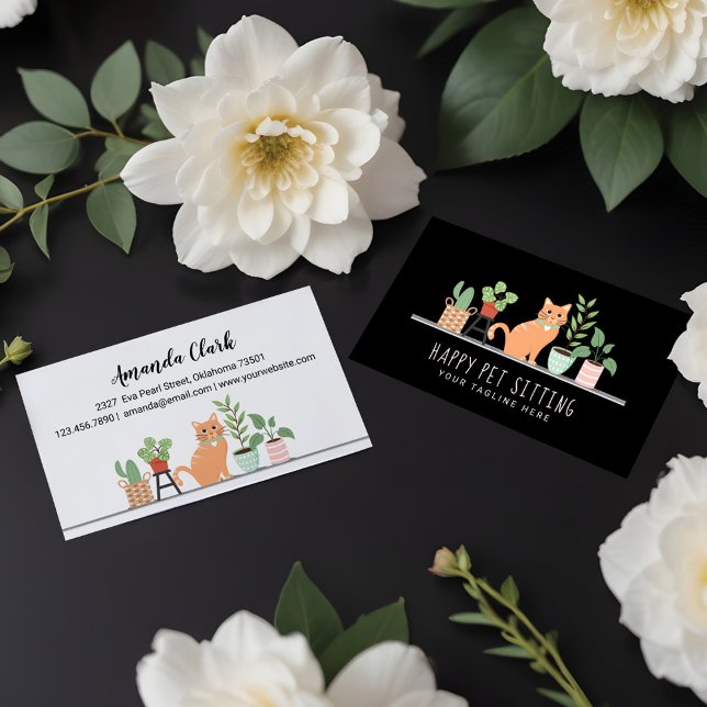 Carte De Visite Accueil Animaux de compagnie assis Loveable Happy  (Home Pet Sitting Loveable Happy Cat & House Plants Business Card)