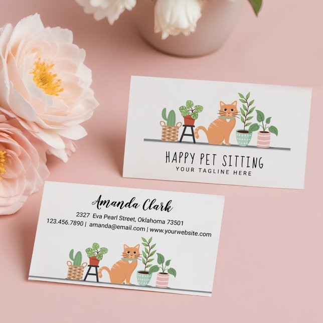 Carte De Visite Accueil Animaux de compagnie assis Loveable Happy  (Home Pet Sitting Loveable Happy Cat & House Plants Business Card)