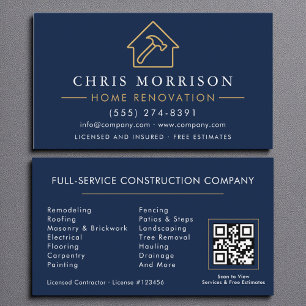 Carte De Visite Accueil Rénovation Réparation Marine Blue Gold QR 