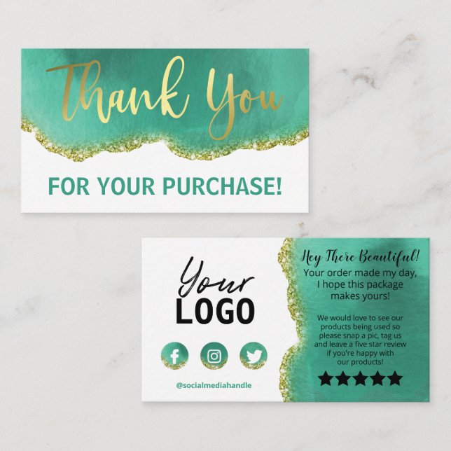 Carte De Visite Achat Turquoise de Merci d'évaluation de l'or blan (Devant / Derrière)