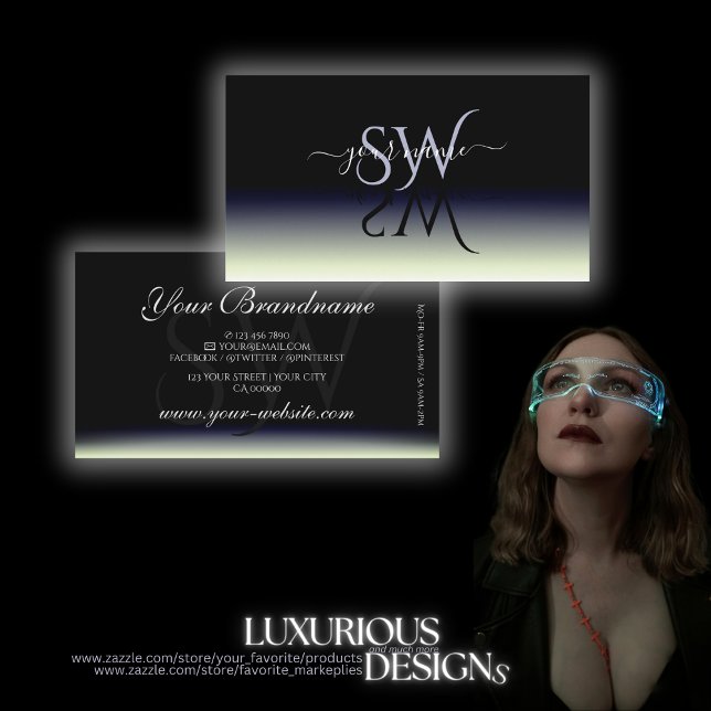 Carte De Visite Acier Bleu Noir Blanc Dégradé Ombre Initiales (Créateur téléchargé)