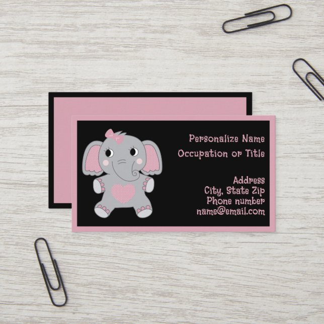 Carte De Visite Adorable Baby Elephant Pink Black Child Focused  (Devant/Arrière en situation)