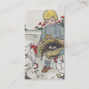 Carte De Visite Adorable fille Vintage aux poulets, texte sur le d