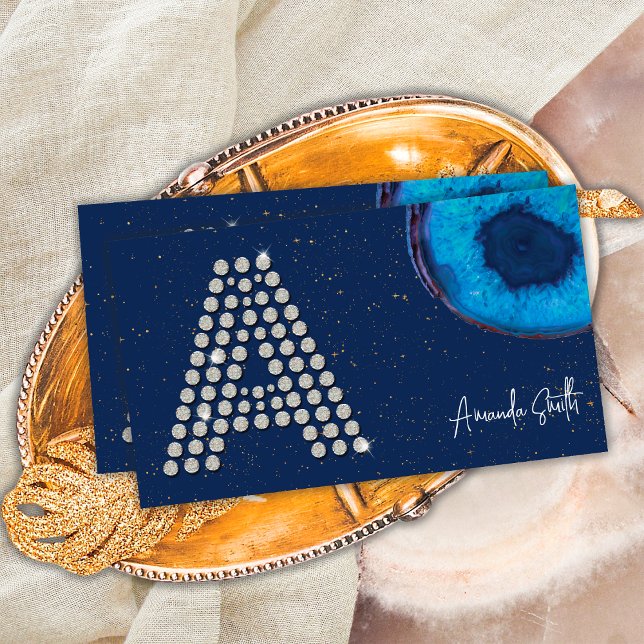 Carte De Visite Agate Bleu Chic Diamant Initiale Lettre A Monogram (Front)