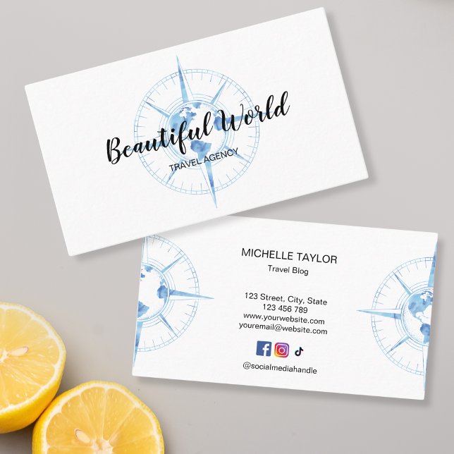 Carte De Visite Agence de Voyage Blog World Map Compass (blue watercolor compass with globe)