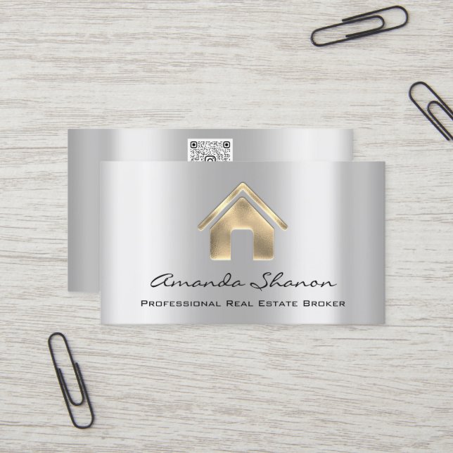 Carte De Visite Agent courtier immobilier professionnel Silver QR (Devant/Arrière en situation)