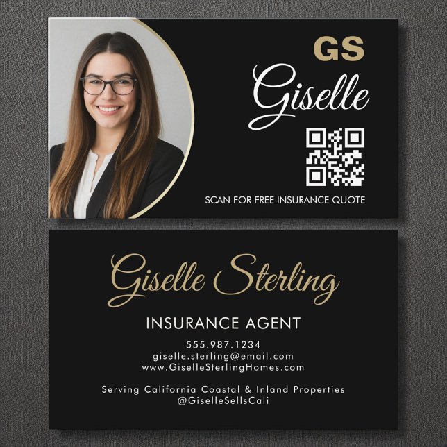 Carte De Visite Agent d'assurance Black Gold Photo QR Code (Créateur téléchargé)