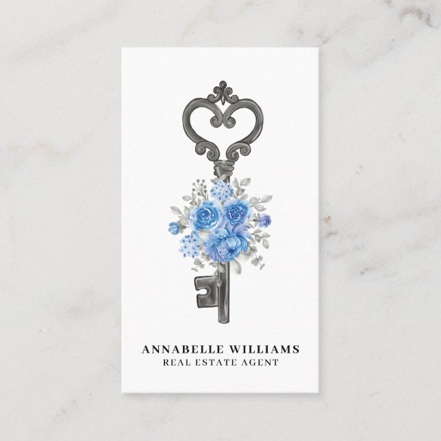 Carte De Visite Agent de l'immobilier à clé florale bleue (Devant)