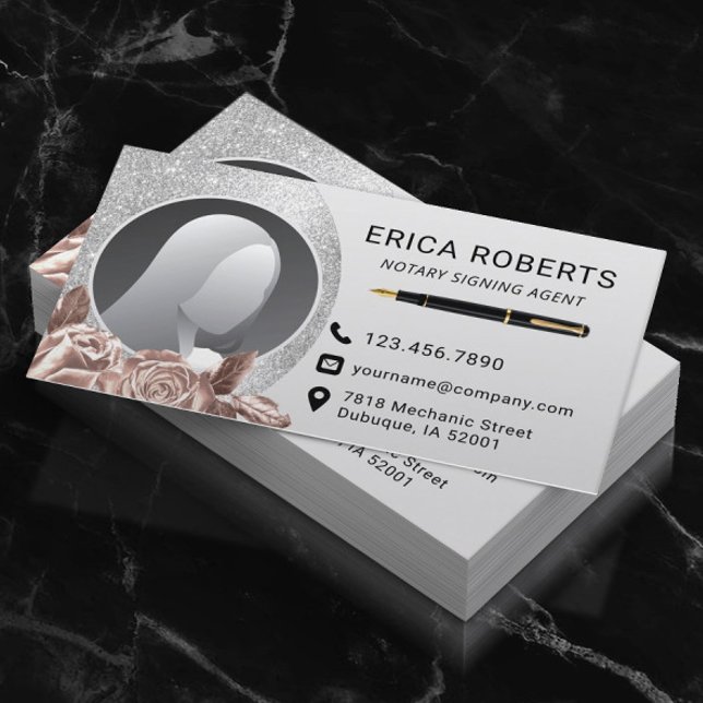 Carte De Visite Agent de signature de notaire Moderne Silver Flora (Créateur téléchargé)