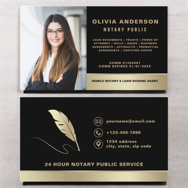 Carte De Visite Agent de signature de notaire Photo Black & Gold (Créateur téléchargé)