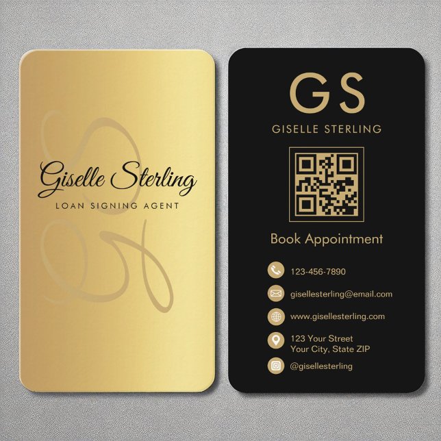 Carte De Visite Agent de signature de prêt Monogram Gold Black QR  (Créateur téléchargé)