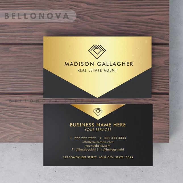 Carte De Visite Agent Immobilier Black Et Gold Personnalisé (Custom Black And Gold Real Estate Agent Business Card)