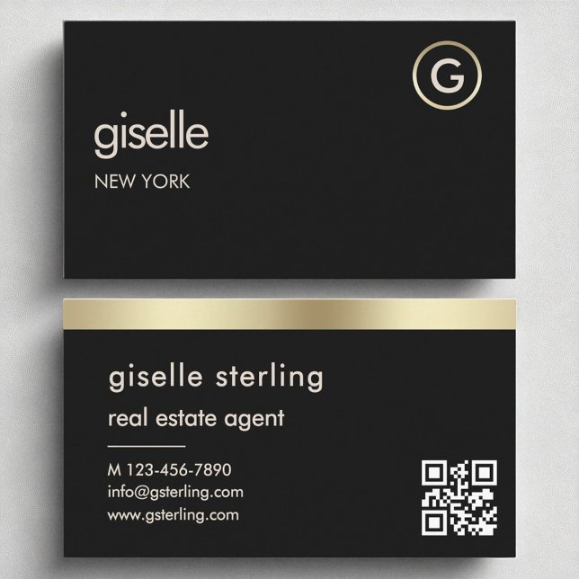 Carte De Visite Agent immobilier Black QR Code Gold Fhuile (Créateur téléchargé)