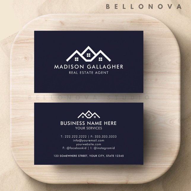 Carte De Visite Agent immobilier bleu bleu bleu bleu marine (Custom Dark Navy Blue White Real Estate Agent Business Card)