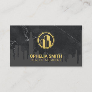 Carte De Visite Agent immobilier Cityscape Marbre   Bâtiment Gold