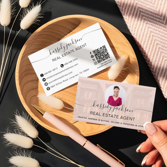 Carte De Visite Agent Immobilier Code QR de Photo Script Luxe (Elegant Script Name Circle Business Photo QR Code Business Card)