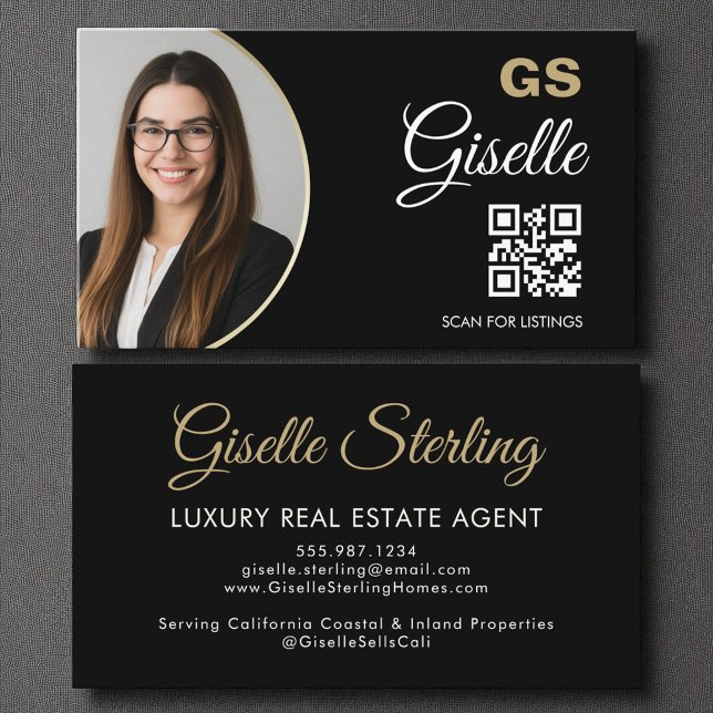 Carte De Visite Agent immobilier de luxe Black Gold Photo QR Code (Créateur téléchargé)