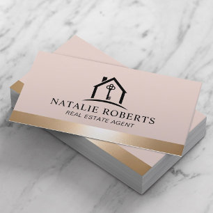 Carte De Visite Agent immobilier Elegant Blush & Gold House Logo