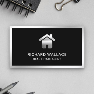 Carte De Visite Agent Immobilier Logo Maison Feuille d'Argent Noir