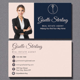 Carte De Visite Agent immobilier Marine bleu Blush rose photo