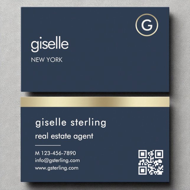 Carte De Visite Agent immobilier Marine bleu QR Code or Monogramme (Créateur téléchargé)