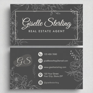 Carte De Visite Agent immobilier Moody Charcoal Grey Floral
