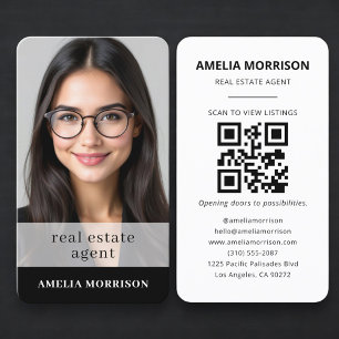 Carte de visite Agent Immobilier Noir Blanc QR Cod