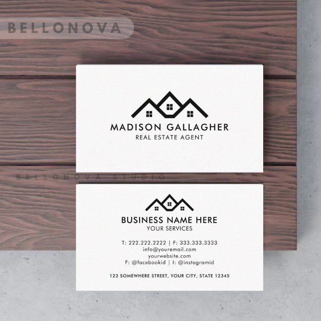 Carte De Visite Agent immobilier noir et blanc personnalisé (Custom Dark Black And White Real Estate Agent Business Card)