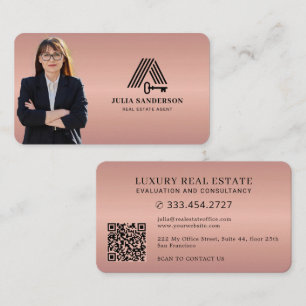 Carte De Visite Agent immobilier photo QR faux or rose métallisé