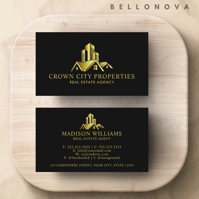 Carte De Visite Agent Immobilier Premium Gold et Black personnalis (Custom Black And Gold Premium Real Estate Agent Business Card)