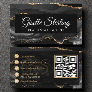 Carte De Visite Agent immobilier QR Code Black Gold Agate Luxe