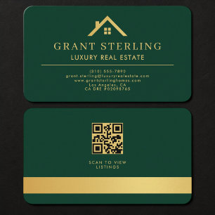 Carte de visite Agent Immobilier Vert Or QR Code