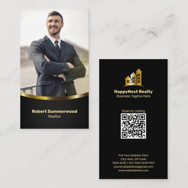 Carte De Visite Agent Immobilier Vertical Luxe Photo Black Gold (Devant / Derrière)