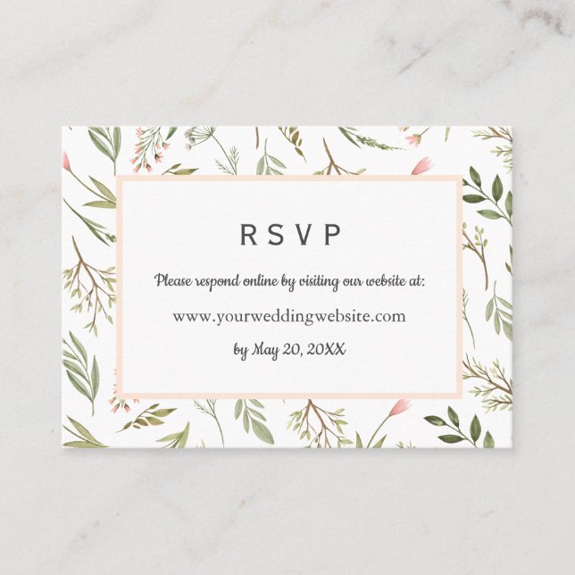 Carte De Visite Airy Pink fleurs sauvages mariage RSVP site en lig (Devant)