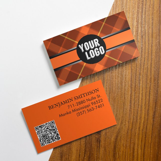 Carte De Visite Ajouter Logo & Code QR Orange Plaid Modern Brandé (Créateur téléchargé)
