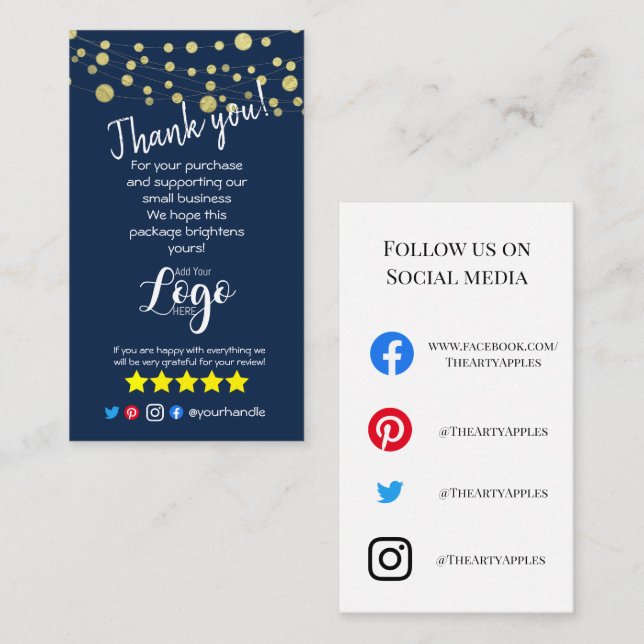 Carte De Visite AJOUTER VOTRE LOGO merci commander insérer or bleu (Devant / Derrière)